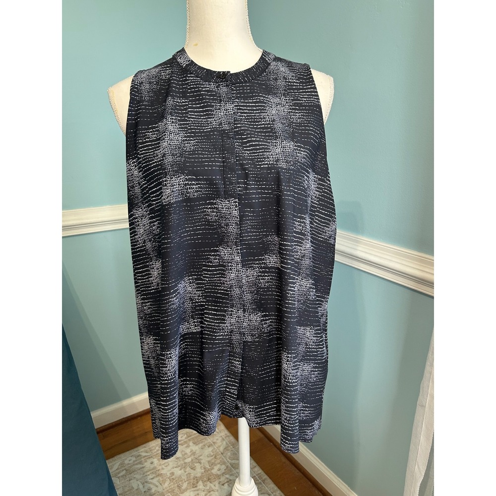 Alfani Womens XL Sleeveless Blouse Black White Abstract Dash Print Band Collar